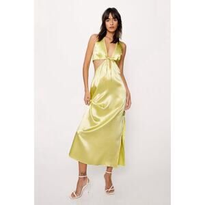 NWT nasty gal Petite satin halterneck cut away maxi dress lime 14